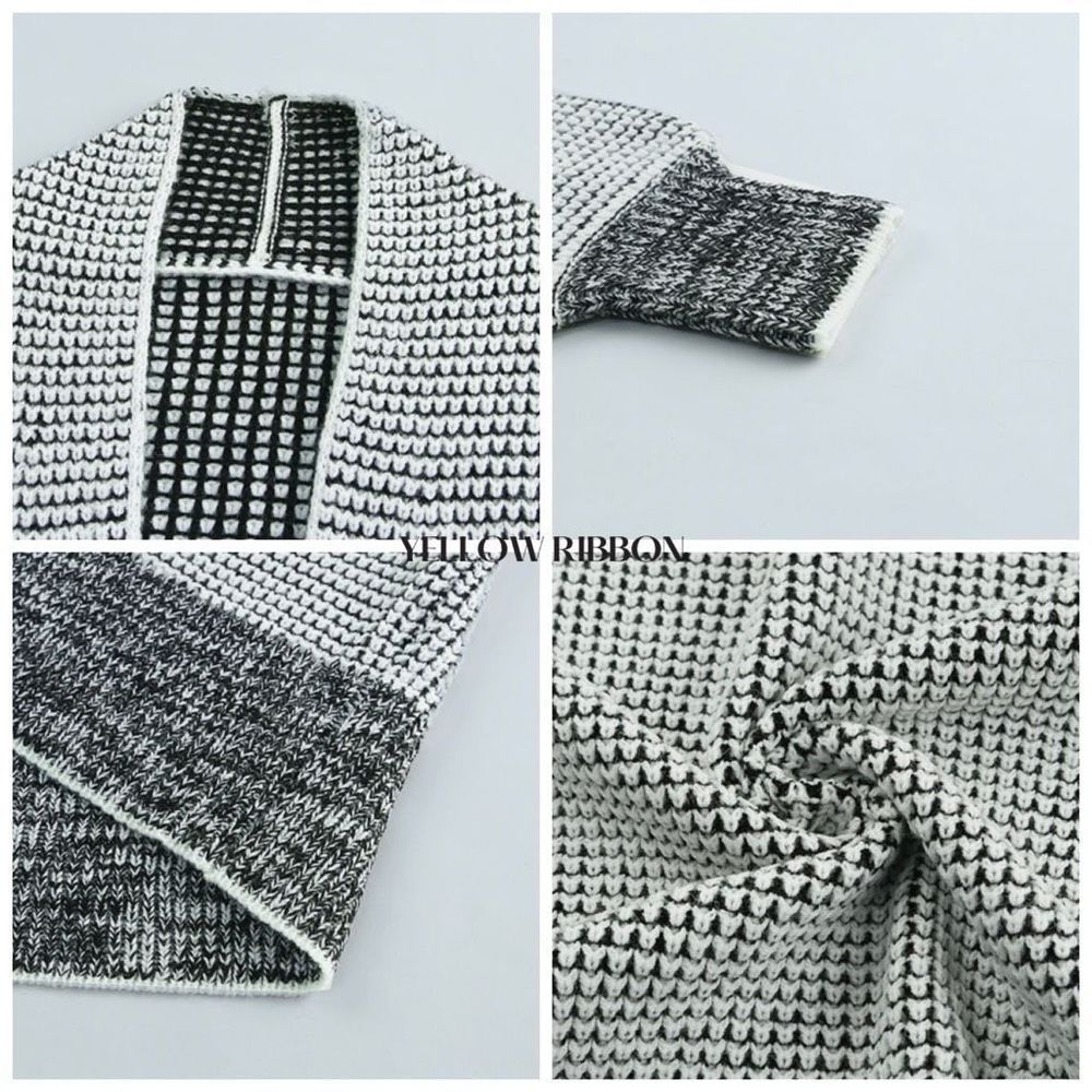 NEW Gray Plaid Knitted Long Open Front Cardigan - Picture 3 of 4